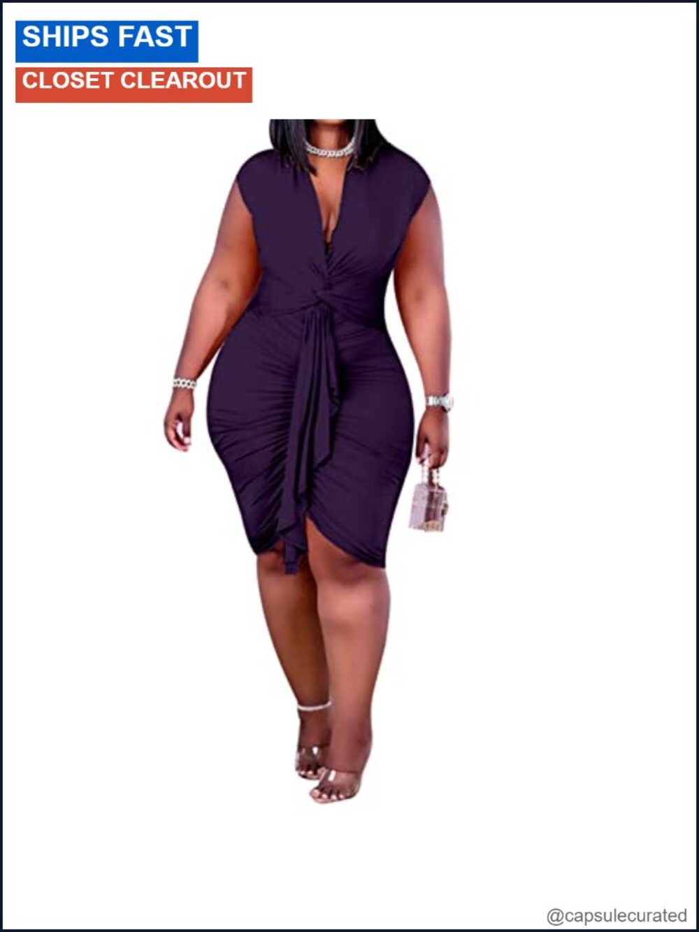 Plus Size Bodycon Drawstring Ruched Mini Club Dress Sleeveless V-Neck